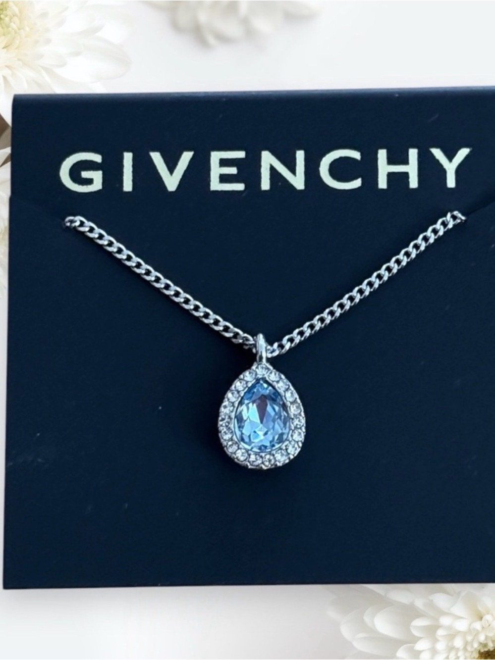 Givenchy crystal pear-shape pendant necklace features a light blue teardrop